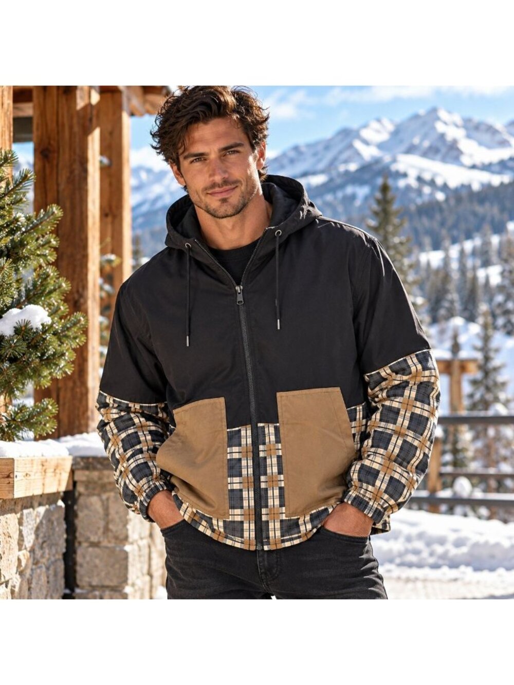 Nomad Size M Black Tan Plaid Colorblock Hooded Jacket Gorpcore Streetwear